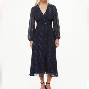 NWOT WHISTLES Navy Metallic Dobby Midi Dress